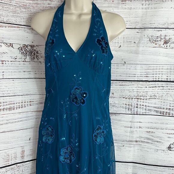 Vintage Newport News Dress Womens Halter y2k 90s embroidered sequin Fairy Teal - Picture 4 of 12